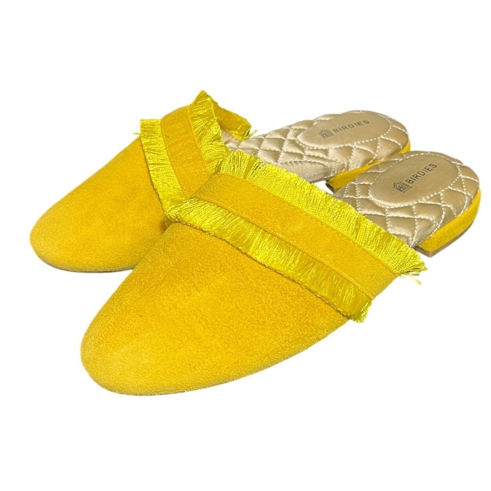BIRDIES The Ani Womens Size 5.5 Marigold Yellow Suede Fringed Slip-On Flat Mules